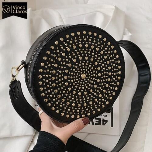 Fashion Rivet Crossbody Bags for Women Retro Circular Shoulder Bag Leather Purses and Handbags Luxury Designer Sac A Main 2021