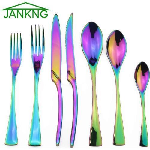 JANKNG 1-Pieces Rainbow Dinnerware Set Colorful Mirror Tableware Set Stainless Steel Western Cutlery Set Kitchen Accessories