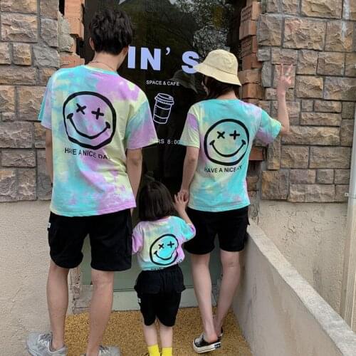 2021 New Family Matching Clothes Cartoon Tie-dyed Mother and Daughter Clothes Dad and Son Cotton Tops Summer Family Look