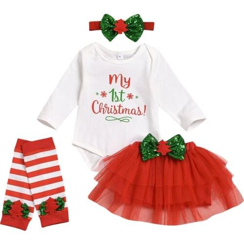 Newborn Infant Kid Baby Girls My 1st Christmas Outfit Long Sleeve Romper+Tutu Skirt Leg Warmers+Headband Set Xmas Clothes