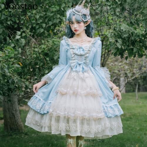 Limited Edition Victorian Renaissance Sweet Lolita Op Dress Women Bow Lace Tulle Splicing Princess Dress Girls Tea Party Dresses