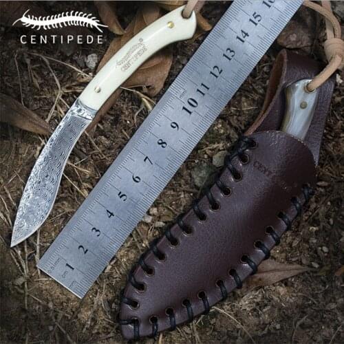 Handmade forged Damascus steel hunting knife 60HRC Damascus Steel fixed knife Horns handle with Leather sheath Tools