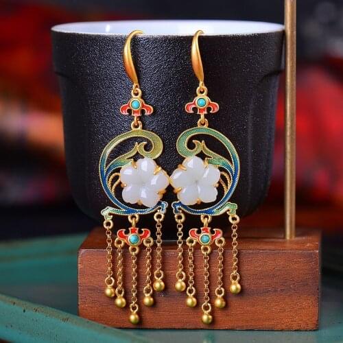 S925 Sterling Silver Ancient Gilding Burnt Blue Camellia Earrings Inlaid Natural Hetian Jade Turquoise Pearl Earrings Earrings f