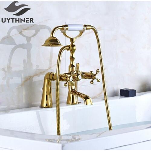 Uythner Solid Brass Golden Finished Bathtub Shower Faucets Mixer Dual Handles Deck Mounted