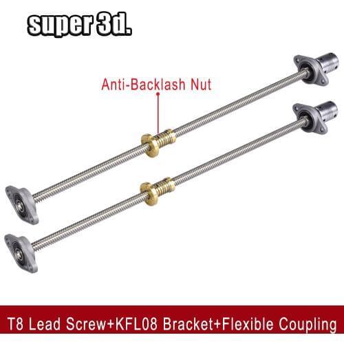 3D Printer T8 Lead Screw lead 8mm 150/200/300/400/500mm+ T8 Anti Backlash Spring+ KFL08 Pillow Block+5 to 8mm Flexible Coupling