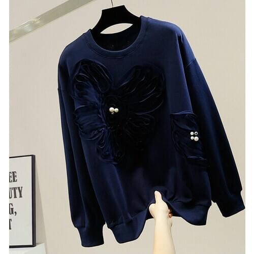 Beads Big Flower Hoodie Female Round Neck Loose Pullover Sweatshirt Womens Fashion All-Matching Elegant Top 2021 Spring Clothes