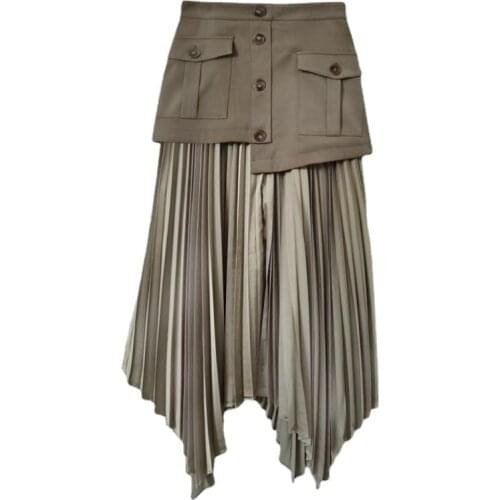 Fake Two Asymmetry Long Pleated High-waisted Skirt All Match Retro Irregular Suits With Skirt Spring And Autumn Ladies New