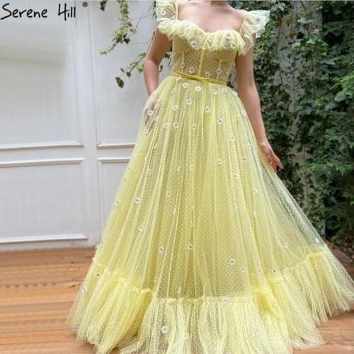 Yellow Simple Sleeveles Sexy Prom Dresses Long Small Round Pattern A-Line Ankle Length Evening Dress Serene Hill 2020 BLA70521
