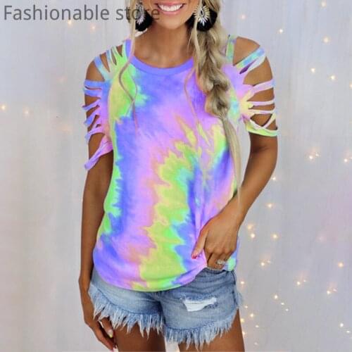 Women Tie Dye Print Hollow Design Short Sleeve T-shirt Plus Size Female Tee Top