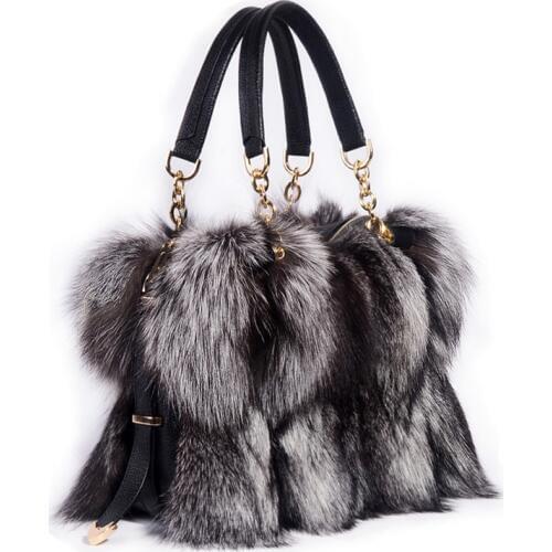 100% Real Fur Women Handbags Real Silver Fox Fur Messenger Bags Female Real Fur Purse Envelope Bag Real Leather Evening Bag