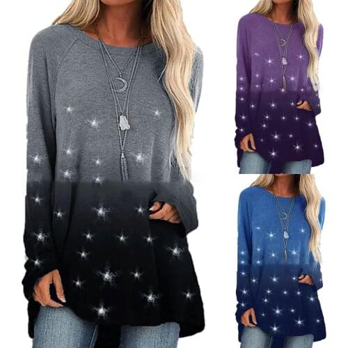 Plus Size Sequin Womens Tunic Et Chemises Loose Star Print Round Neck Long Sleeve Tops Oversize Blusas Mujer De Moda 2021