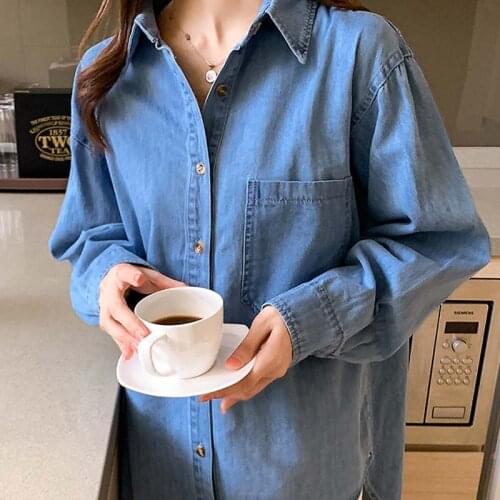 Womens casual long-sleeved cardigan womens shirt womens shirt Korean retro denim new fashion cotton jeans Blusas 11969