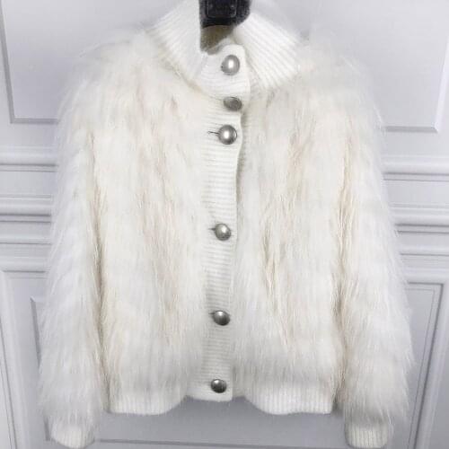 YOLOAgain Women Stand Collar White Sweater Jumpers Ladies Single Breasted Real Raccoon Fur Cardigan Oversized