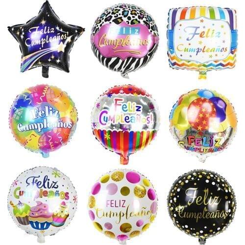 5pcs 18inch Spain Happy Birthday Aluminum Foil Balloon Feliz Cumpleanos Print Inflate Balls Kids Birthday Decoration Baby Shower