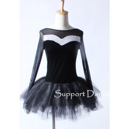 Mesh Long Sleeve Black Velvet Ballet Tutu Dress Children Adult Performance Costume Support Dance C262