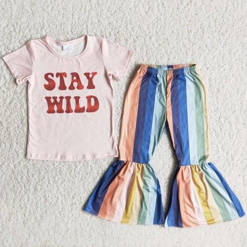 Toddler Baby Girls Designer Clothes Wholesale Girls Boutique Outfits Spring Summer Short Sleeve Raglan Shirt Bell Bottom Pants