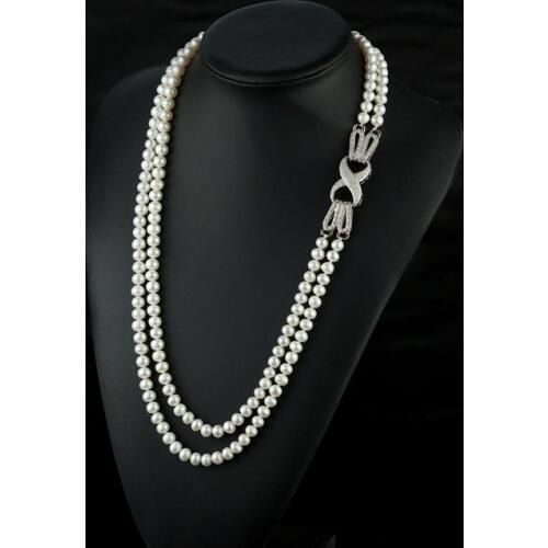 Hot sell Natural 7-7.5 mm white freshwater pearl eight buckles multilayer sweater chain long necklace fashion jewelry