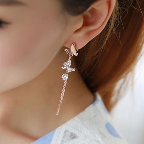 JIOFREE Long Sterling butterfly shape Clip on Earrings for Grils Party Wedding Charm Without Pierced Earrings gift