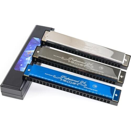 24-hole Harmonica Polyphonic C Colorful Blues Harmonica For Beginners Professional Woodwind Musical Instrument Silver/Blue/Black