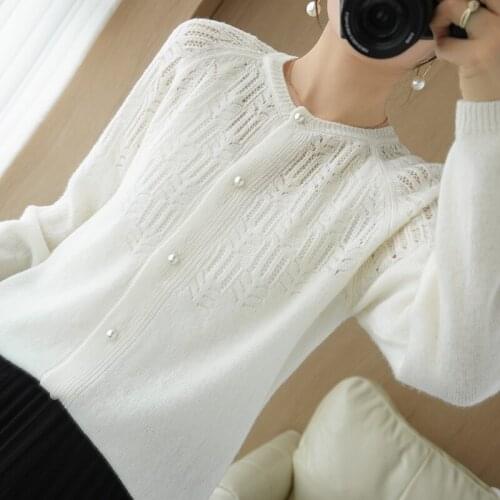 CASHMERE Wool Knit Cardigan Womens Round Neck Loose Thin Hollow Knitted Sweater Jacket 2021 Early Spring New Base Top