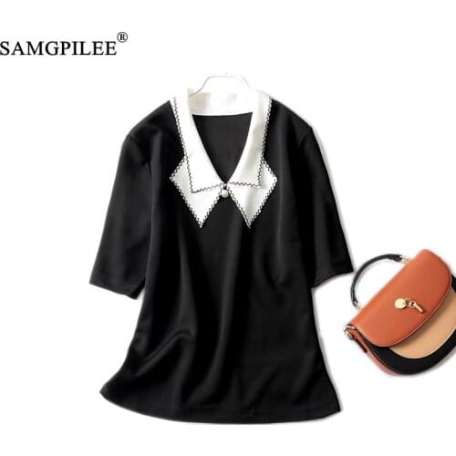 Summer Women Tshirts Lapel Turn Down Collar Shirts Japanese Short-sleeved T-shirts Slim Korean All-match Half-sleeved Tops 4XL