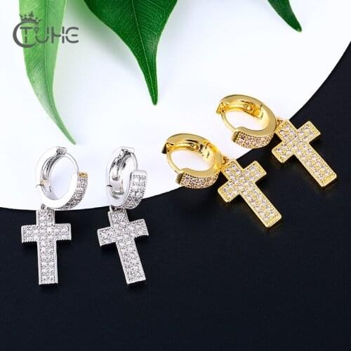 Fashion Cross Earrings Punk Jewelry Micro Pave Crystal Stud Earrings Women Men Hip Hop Jewelry Unisex Design Gift CE00006