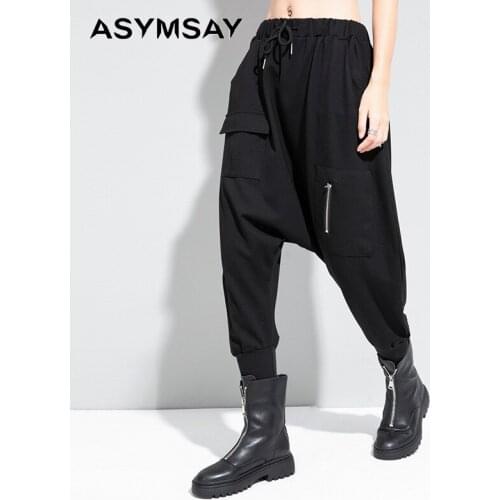 ASYMSAY Autumn Winter New Fashion Style Womens Black Personality Trousers Casual Loose Big Size Women Harem Pants AL2008