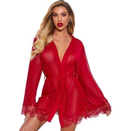 Nuisette Femme Sexy Lingerie V Neck Lace Nightdress Red Long Sleeves Tulle Sleeping Dress Women Patchwork Short Nightgown Summer