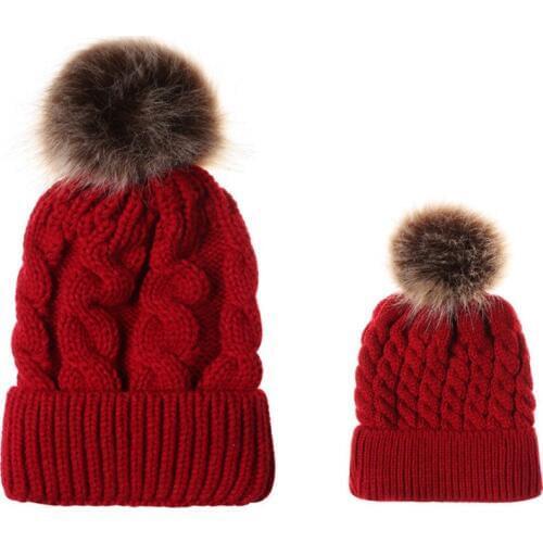 NEW High Quality Fashion Elegant Parent-child Wool Ball Cap Winter Warm Hat Knit thick Padded Pompom Hat Unisex Warm Cap
