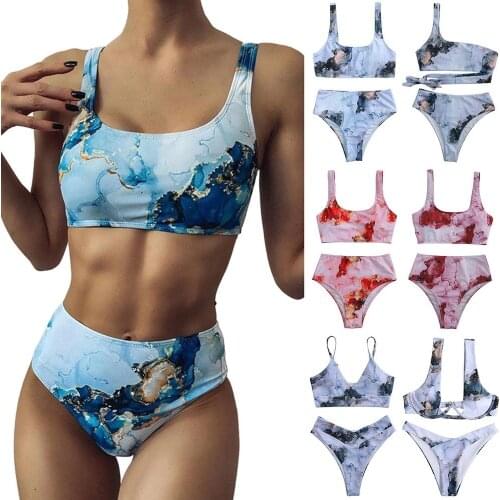 New Print Sport Bra Bikinis 2021 For Woman Sexy Marble Separate Swimsuit Push Up High Waist Swimwear Womens Bathing Suits