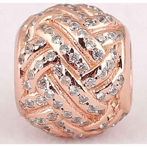 Original Rose Gold Sparkling Love Knot With Full Crystal Bead Fit 925 Sterling Silver Charm Bracelet Bangle Diy Jewelry