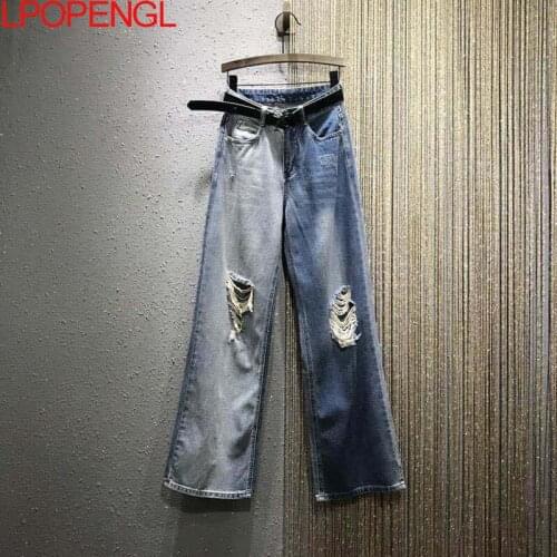 Autumn Womens High Waist Color Matching Wide-leg Jeans 2021 New Casual Fashion Harajuku Ripped Trousers Full Length Pants