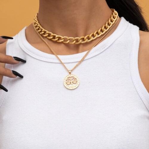 Simple punk jewelry with multi-layer thick chain tassel embossed constellation alloy pendant necklace for female party gifts