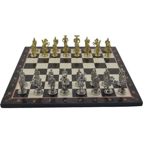Medium Size Metal Spanish Soldiers Chess Set Glossy and Walnut Patterned MDF Wood Board 37x37 cm