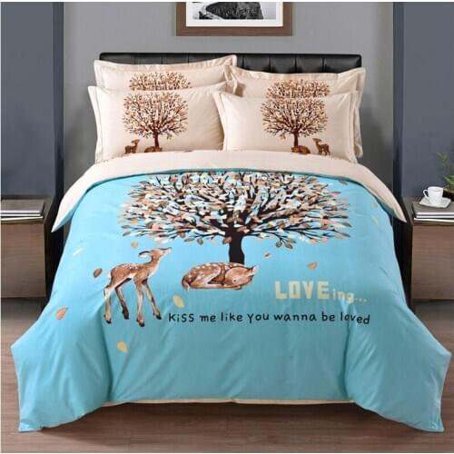 Blue 100% Cotton Sanding Printed Flower Bedding Set Wedding Bed Sheet set Duvet Cover Pillowcase Queen King 4pcs lovely tree