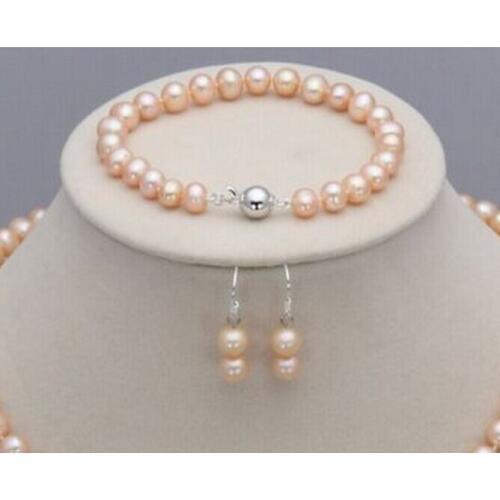 Wedding women Jewelry Set 8-9mm Pink Real Pearl Bracelet Dangle Hook Earring Natural Freshwater Pearl