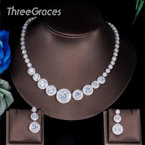 ThreeGraces Cubic Zirconia Big Round Necklace Earrings Set Luxury Dubai White Gold Color Jewelry for Women Wedding Gift JS178