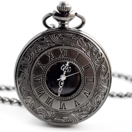 Vintage Charm Black Unisex Fashion Roman Number Quartz Steampunk Pocket Watch Women Man Necklace Pendant With Chain Gifts