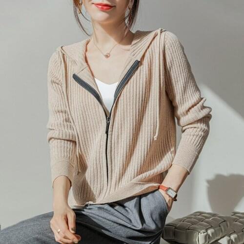 Female Autumn Regular Cashmere Hoodies Winter Streetwear Zip-up Oversize Sweatshirt Jacket Trendy Solid 100% Wool Women Outwear