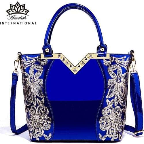 AMELISH Luxury Bag for Women 2021 High Quality Patent Leather Flower Embroidery Diamond Tote Handbag Fashion Female Shoulder Bag