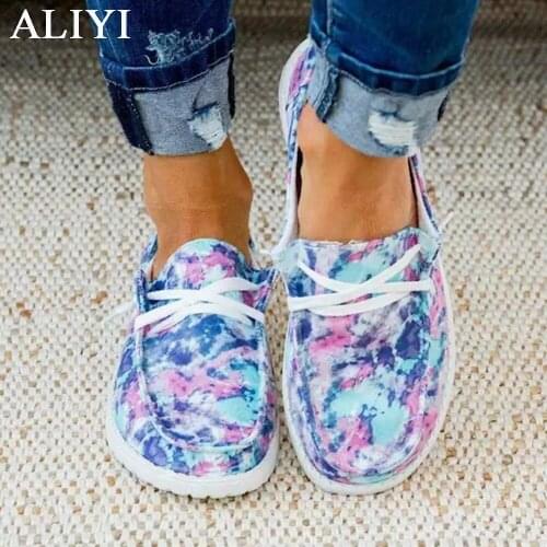 Women Comfy Loafers 2021 Summer Tie Dye Ladies Lace Up Soft Casual Shoes 35-43 Large-Sized Female Flat Light Sport Sneakers