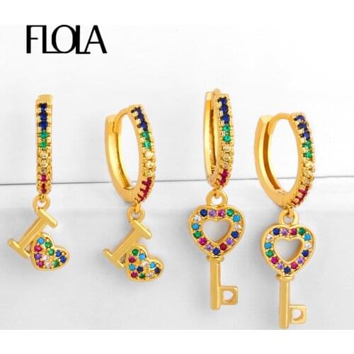 FLOLA Rainbow Gold Key Earring Woman Heart Gold Filled Earrings Zircon Jewelry pendiente dorado figura Rainbow CZ Earring ersr87