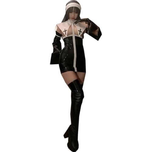 Women Nun Hard Sister Sexy Leather clothing Costume Suit Cosplay Black Leather Leotard Elastic Clack Lolita Slim Stockings Sets