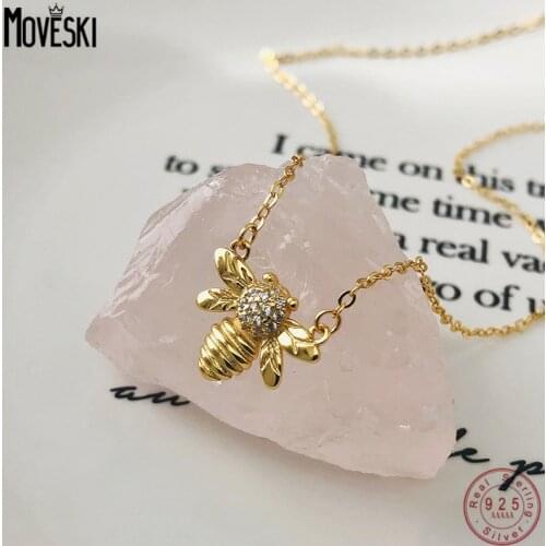 MOVESKI 925 Sterling Silver French Retro Gold Zircon Bee Pendant Necklace Womenhigh Quality Jewelry Gift