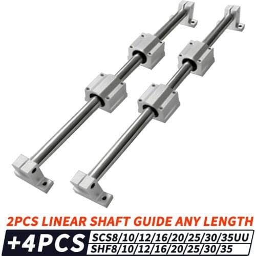 2pcs round linear rail-16/20/25/30mm，4pcs SCSUU linear bearing housing ，4pcs SHF linear rail clamp