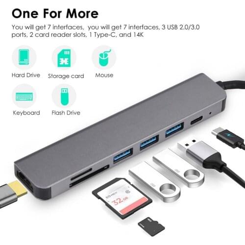 7-in-1 4K HDMI-compatible Multiport USB 3.0 to USB-C Docking Station Hub Adapter for PC Computer Laptop