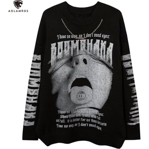Aolamegs Sweater Men Melted Letter Watercolor Illustration Jumper Hip Hop Hipster Knitted Tops Casual Loose Soft Cozy Streetwear