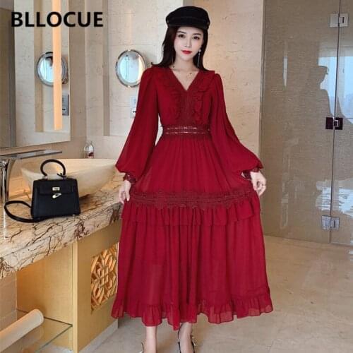 BLLOCUE 2020 Spring Women Chiffon Stitching Openwork Lace Dress Vintage Lantern Cleeve V-neck Seaside Resort Long Dress