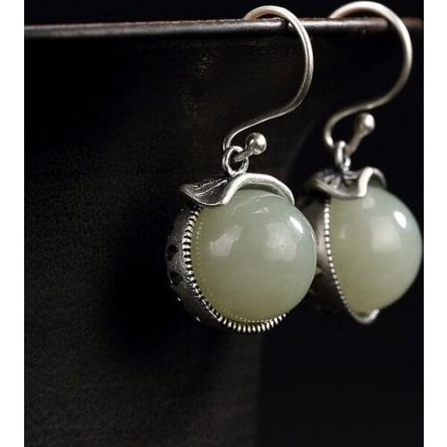 Pure Silver, Antique, Mosaic, Natural, Hetian Jade, White Jade, Leaves, Beads, Ladies, High-end Earrings Wholesale