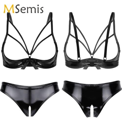 Women Wet Look Patent Leather Lingerie Set Underwear Strappy Open Cup Bowknot Underwired Bra Tops with Crotchless Briefs